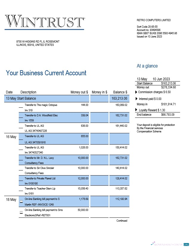 Download Wintrust Financial Bank enterprise account statement Word and PDF template Photoshop template
